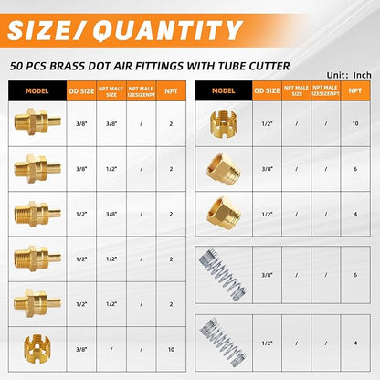 50PCS Brass DOT Air Brake Hose End Fitting Kit, Dazakoot J1402 Air Brake Fitting Assortment Kit for Replacement, Air Brake Hose Assembly Kit (Connector, Nut Tube, Spring and Sleeve Tube)