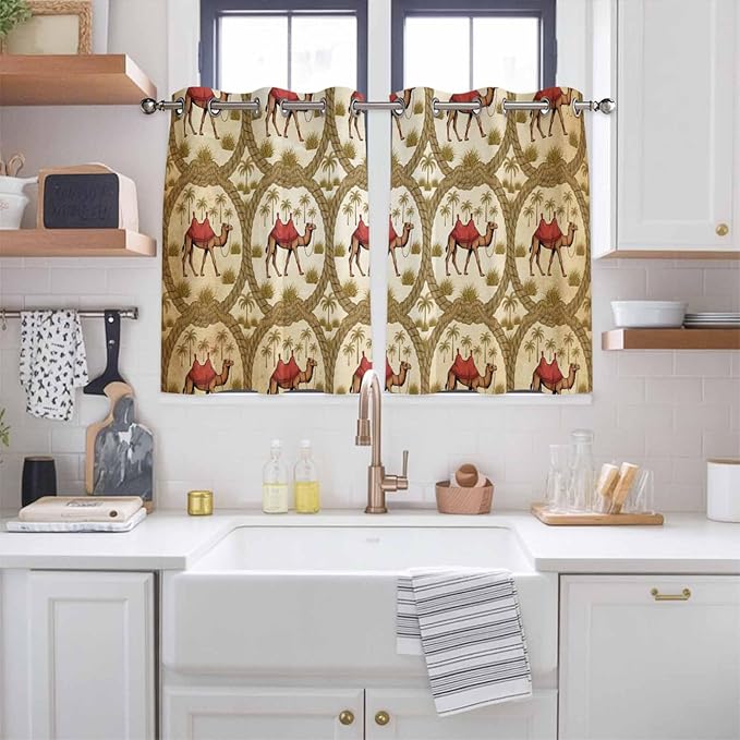 2 Panel Kitchen Cafe Curtains, Brown Desert Camels Sunlight Filtering Nature Air Through, Home Decor Window Covering Tier Curtains for Bedroom Living Room Tropical Date Coconut Trees Cords Leaves