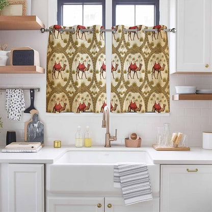 2 Panel Kitchen Cafe Curtains, Brown Desert Camels Sunlight Filtering Nature Air Through, Home Decor Window Covering Tier Curtains for Bedroom Living Room Tropical Date Coconut Trees Cords Leaves