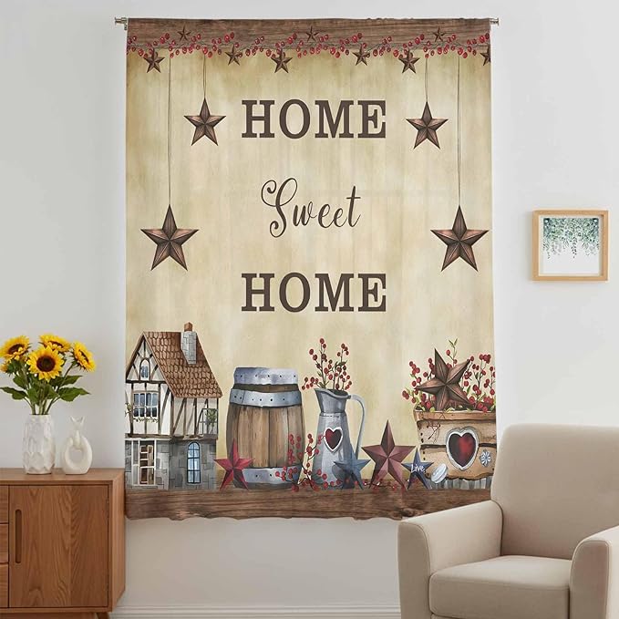 Farm Sheer Curtains 72 Inch Length American Country Barn Star Vintage Berry Brown Chiffon Curtain for Bedroom Living Room Light Filtering Rod Pocket Window Treatments Voile Curtains Drapes for Dining