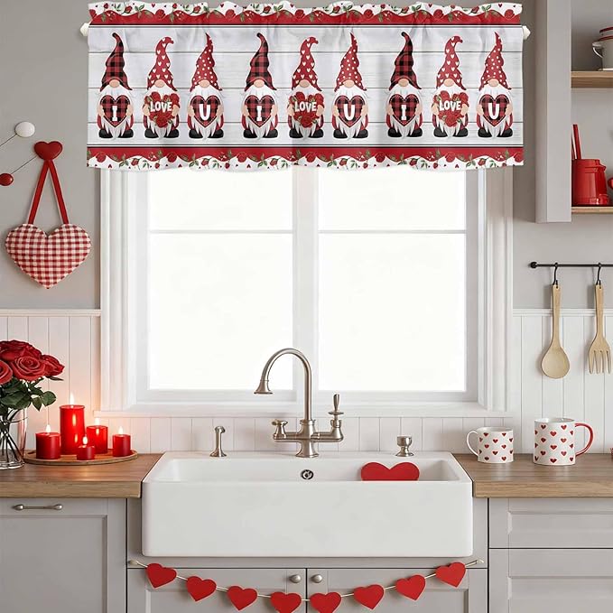 I Love U Valance Curtains for Kitchen, Valentine's Day Dwarf Romantic Wood Grain Privacy Rod Pocket Valance Curtain, Light-Filtering Window Treatment for Bedroom Bathroom, 42"x12"