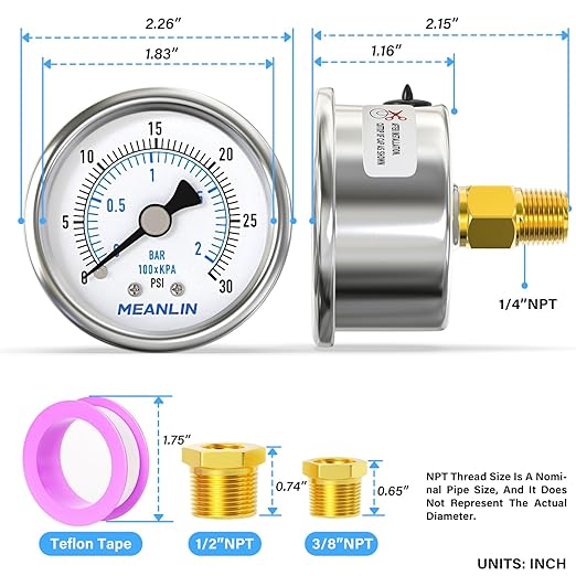 MEANLIN MEASURE 0~30Psi Dry Low Pressure Gauge Stainless Steel 1/4" NPT 2" FACE DIAL Waterproof for Pool Sand Filter Water Oil Air Pressure Test Back Mount, with 1/2" NPT and 3/8" NPT Hex Bushing