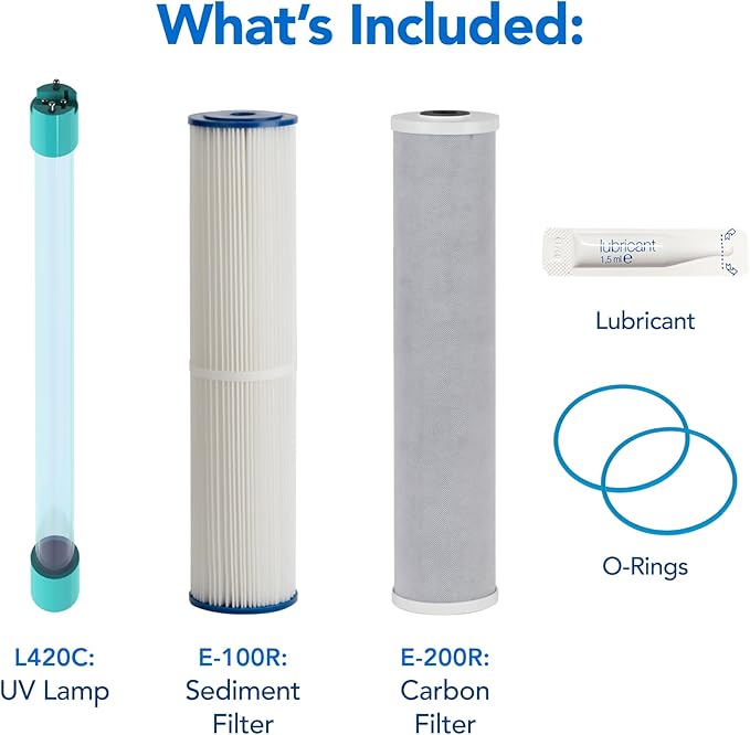Kind Water Whole House Replacement Filter Set – Sediment, Carbon Block, UV Replacement Lamp & Quartz Sleeve – Fits E-3000 and E-1000 Systems – Maintain Clean, Safe Water – Easy 1-Year Kit