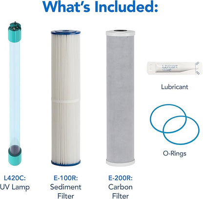 Kind Water Whole House Replacement Filter Set – Sediment, Carbon Block, UV Replacement Lamp & Quartz Sleeve – Fits E-3000 and E-1000 Systems – Maintain Clean, Safe Water – Easy 1-Year Kit