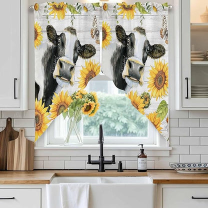 Retro Farmhouse Floral Swag Valances for Windows, Yellow Sunflowers Cows Butterfly Wood Rod Pocket Kitchen Curtains Valance, Small Window Curtains Swag for Cafe Living Room, 2 Panels, 36x36 inch