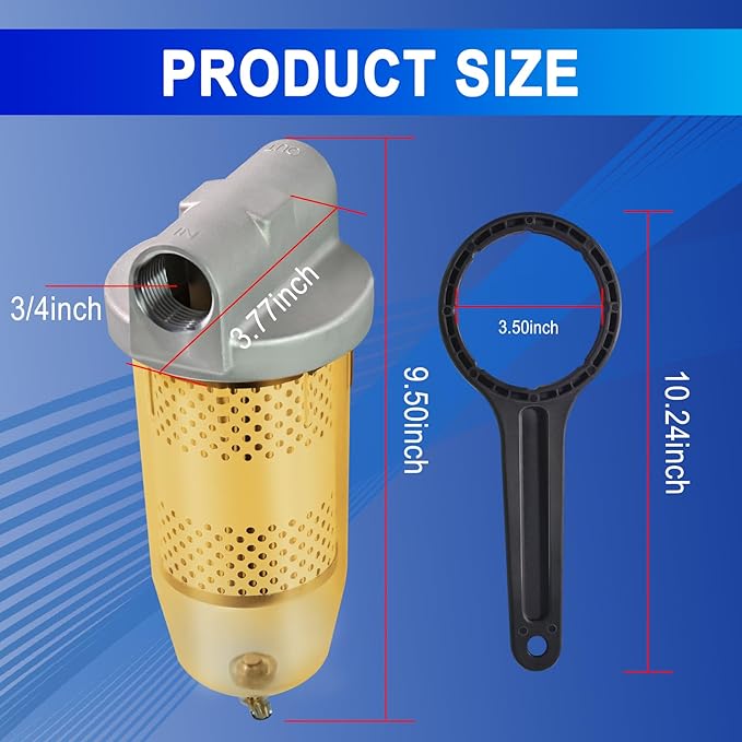 3/4" NPT Top Cap 495 Bowl Fuel Tank Replacement for Gasoline and Diesel Water Separate 10 Micron Filtration Oil Filter Assembly with Wrench