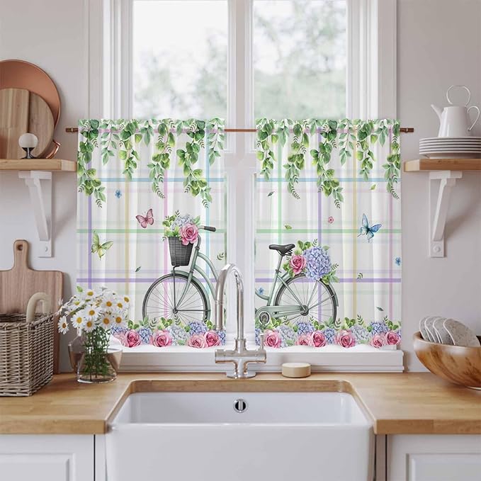 Spring Kitchen Curtains, Bicycles Botanical Leaves Rose Colorful Stripes Light Filtering Window Curtain Panels, 2Pcs Rod Pocket Window Treatments Set for Study Room Bathroom Bedroom 52x54 Inches