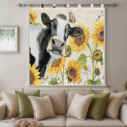 Yellow Sunflowers Living Room Curtains 84 Inch Length, Window Curtains Tab Top, Country Cow Flower Butterfly Farmhouse Cream Light Filtering Window Treatments Drapes 42"x84" 2 Panel