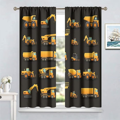 Kids Construction Window Curtains, Construction Machinery Equipment Mode of Transport Bulldozer Tractor Windows Curtain for Children Teens Room Decor 55x63in (30% Blackout)