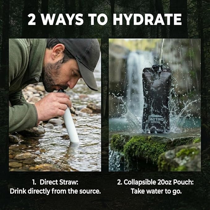 2-Pack Tactiko Survival 20oz/600ml Filtered Water Bottle Kit - Purify 265 Gal. Water from Rivers, Lakes & Streams - SGS Certified - UF Membrane, Activated Carbon - Camping, Emergency (Green/Black)