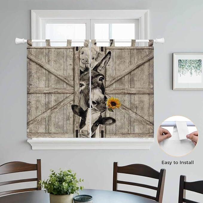 Funny Farm Animals Bedroom Curtains 63 Inch Length, Window Curtains Tab Top, Vintage Barn Brown Sunflowers Light Filtering Window Treatments Drapes 42"x63" 2 Panel