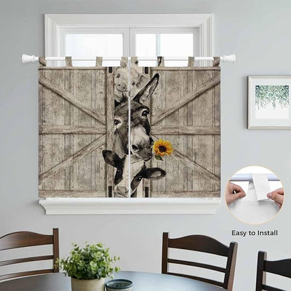 Funny Farm Animals Bedroom Curtains 63 Inch Length, Window Curtains Tab Top, Vintage Barn Brown Sunflowers Light Filtering Window Treatments Drapes 42"x63" 2 Panel