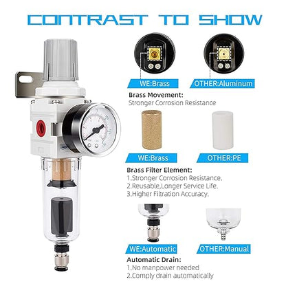 NANPU 1/4" NPT Compressed Air Filter Regulator Combo Piggyback, 5 Micron Brass Element, Poly Bowl, Semi-Auto Drain, Metal Bracket, 0-150 psi Gauge