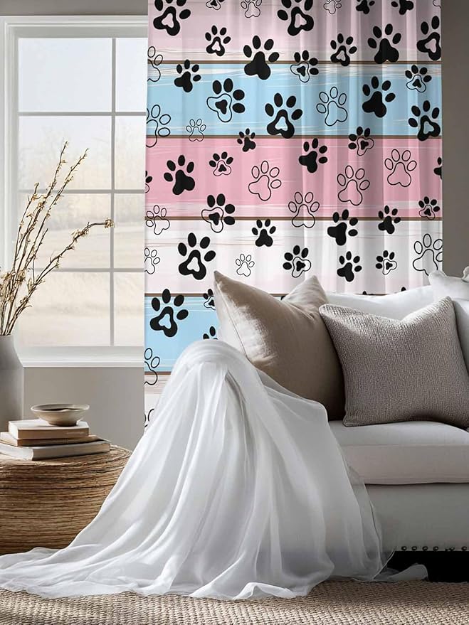 Sheer Curtains 72 Inches Long, Pink Blue Paw Print Semi Sheer Curtains Light Filtering Window Treatment, Vintage Farmhouse Wooden Grain Privacy Voile Drapes for Living Room Bedroom 52x72 Inch