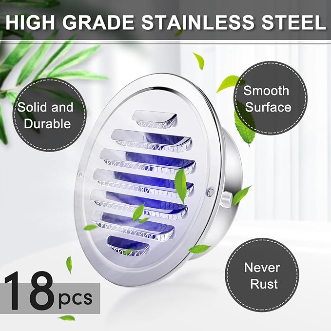 Zonon 18 Pcs Stainless Steel Soffit Vents 4 Inch Round Dryer Vent Cover with Mesh Screen for Home Outdoor Bathroom Wall Ceiling Outside Exterior Exhaust (Silver)