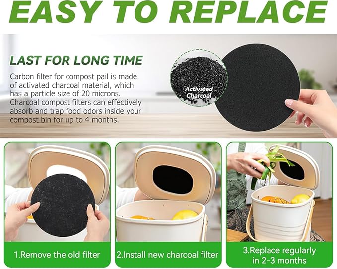 Charcoal Filters for Compost Bucket Activated Charcoal Filter for Countertop Bin Pail Replacement Filters Round 6.8 Inch 4 Pack