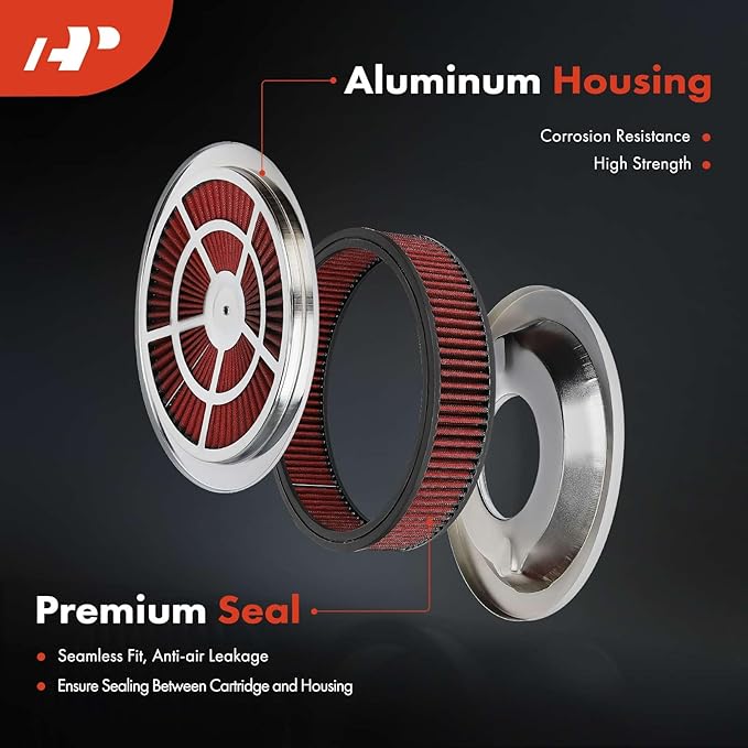 A-Premium 14"x3" Round Universal Air Cleaner Filter Assembly - Compatible with Chevrolet Chevy GMC Ford Models- Fit For 5-1/8" carburetor neck, Chrome Red