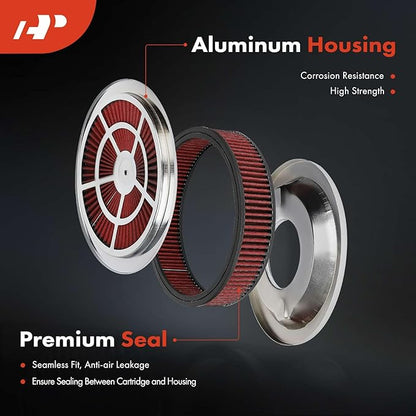 A-Premium 14"x3" Round Universal Air Cleaner Filter Assembly - Compatible with Chevrolet Chevy GMC Ford Models- Fit For 5-1/8" carburetor neck, Chrome Red