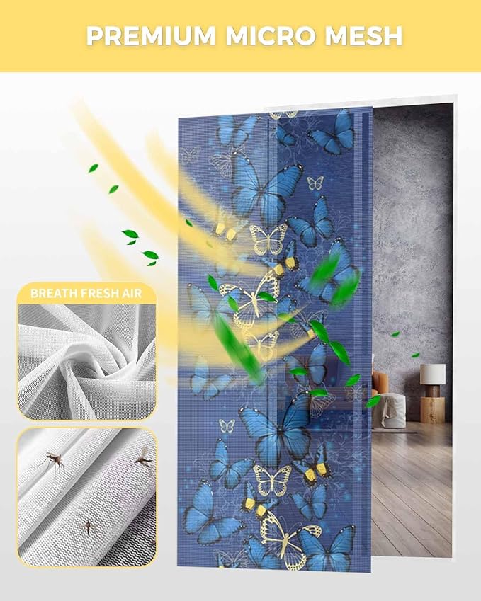 Screen Door 38"x83" Blue Butterfly Door Screen Magnetic Closure, Yellow Navy Blue Butterfly Art Hands Free Magnetic Screen Door for Single/Sliding/Front Door