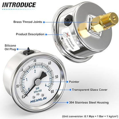 MEANLIN MEASURE 0~60Psi Dry Pressure Gauge Stainless Steel 1/4"NPT 2"FACE DIAL Waterproof for Pool Filter Pump Water Air Compressor Tire Pressure Tester Back Mount with 1/2"NPT and 3/8"NPT Hex Bushing