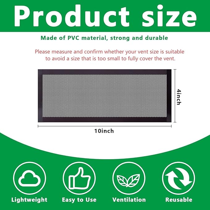 DECOHS 8 Pack Floor Register Screen Vent Mesh, 4 x 10 Inch Plastic Rectangle Air Vent Screen Cover, Magnetic PVC Vent Mesh Cover for Ceiling Wall Floor Catch Debris Hair Dust