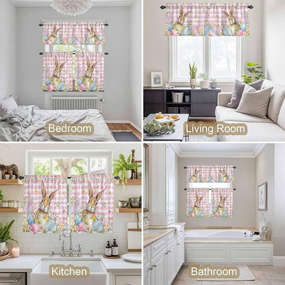 Kitchen Curtains Tiers and Valance Set of 3, Easter Light Filtering Window Curtain Set, Spring Rabbit Eggs Nature Botanicals Pink Plaid Rod Pocket Curtain Drapes for Cafe, Living Room, 24 Inches Tiers