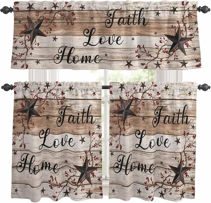 Kitchen Curtains Tiers and Valance Set of 3, Rustic Star Brown Light Filtering Window Curtain Set, Vintage Plants Berry Wooden Grain Rod Pocket Curtain Drapes for Cafe, Living Room, 36 Inches Tiers