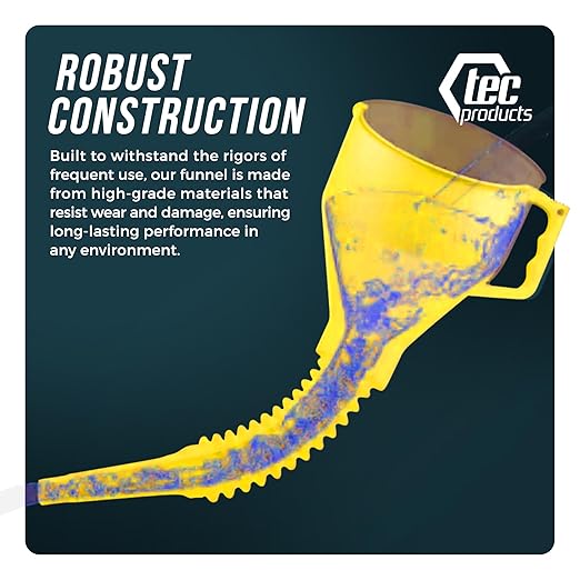 TEC Products FlexAll Long Flexible Funnels - Automotive Oil Funnel with Hose, Durable Nitrile Rubber for Oil Change, Transmission Funnel Fluid, Diesel, Fuel, Gas - Made in USA - Yellow (12 x 4 Inches)