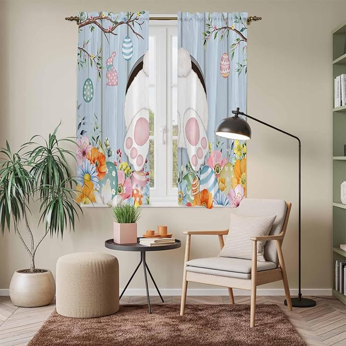 Easter Window Curtains 63 Inch Long 2 Panel Set, Rod Pocket Bedroom Curtains & Drapes, Spring Watercolor Bunny Eggs Flower Wood Grain Blue Light Filtering Window Treatment for Living Room 42"W x 63"L
