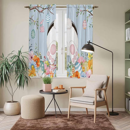 Easter Window Curtains 63 Inch Long 2 Panel Set, Rod Pocket Bedroom Curtains & Drapes, Spring Watercolor Bunny Eggs Flower Wood Grain Blue Light Filtering Window Treatment for Living Room 42"W x 63"L