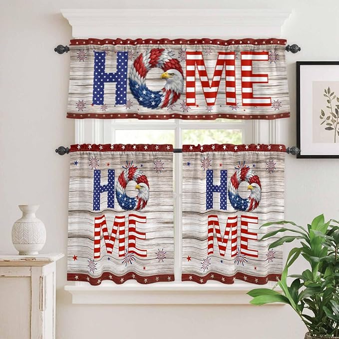 4th of July Kitchen Curtains Set 3 Piece for Windows,Rod Pocket Valance and Tier Set 36 Inch Length,Stars Striped Farmhouse American Flag Wood Grain Light Filtering Cafe Curtains for Living Room
