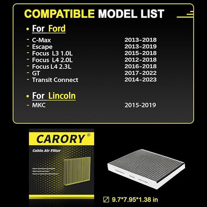 Cabin Air Filter w/Activated Carbon for Select 2013-2022 Ford, Lincoln Models - C-Max, Escape, Focus, Transit Connect, MKC, CV6Z-19N619A, FP-70, 2014 2015 2016 2017 2018 2019 2020 2021