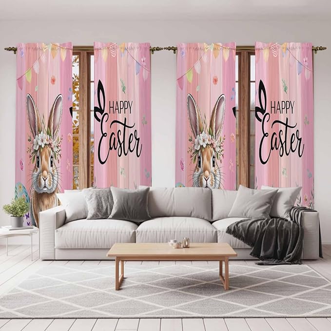 Easter Kitchen Curtains, Spring Rabbit Eggs Flowers Flags Leaves Wood Grain Light Filtering Window Curtain Panels, 2Pcs Rod Pocket Window Treatments Set for Living Room Bathroom Bedroom 52x72 Inches