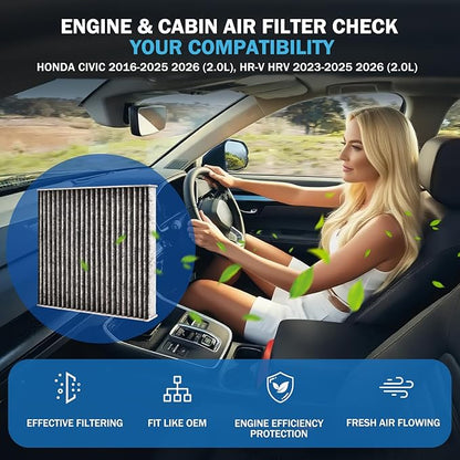 Cabin&Engine Air Filter Accessories for Honda Civic 2016-2025 2026(2.0L), HR-V HRV 2023-2025 2026(2.0L) (Only Naturally Aspirated) Activated Carbon Engine Cabin Air Filter Replace for CF11182 CA12051
