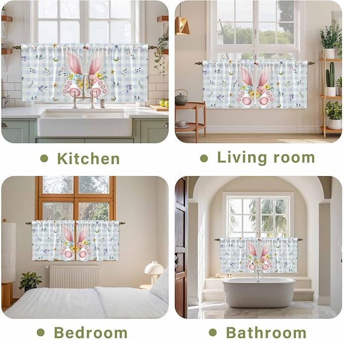 Easter Kitchen Tier Curtains 24 Inch Long 2 Panel Set,Rod Pocket Cafe Small Window Curtains Over Sink,Spring Rabbits Ears Feet Floral Blue Lattice Light Filtering Short Drapes 27.5"W x 24"L