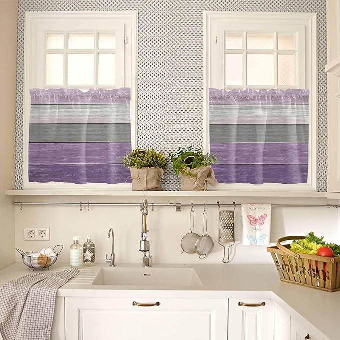 Country Wood Board Gray Purple Window Valance Curtains, Farmhouse Gradient Plank Light Filtering Kitchen Valance with 3-inch Rod Pocket for Living Room Bathroom Bedroom,2 Panel,27.5x36In