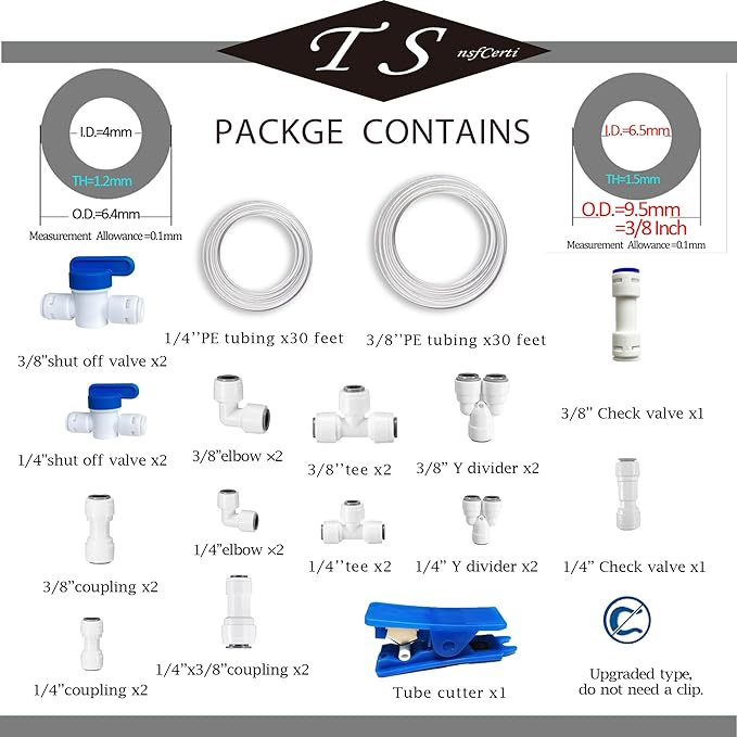 NSF 1/4" & 3/8" Water Line Tubing and Push Connect Fittings for Reverse Osmosis Water Filter RO fittings,25 pcs connetors+30 feet 1/4"(6.4mm) water tubing +30 feet 3/8"(9.5mm) water tubing.