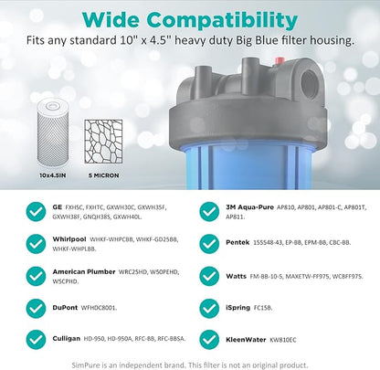 SimPure Whole House Water Filter Cartridges 5 Micron 10" x 4.5" CTO Activated Carbon Block, For DB10P, DB10C-2, GE GXWH40L, GXWH35F, BB10, FXHTC, FC15B, 8 Pack