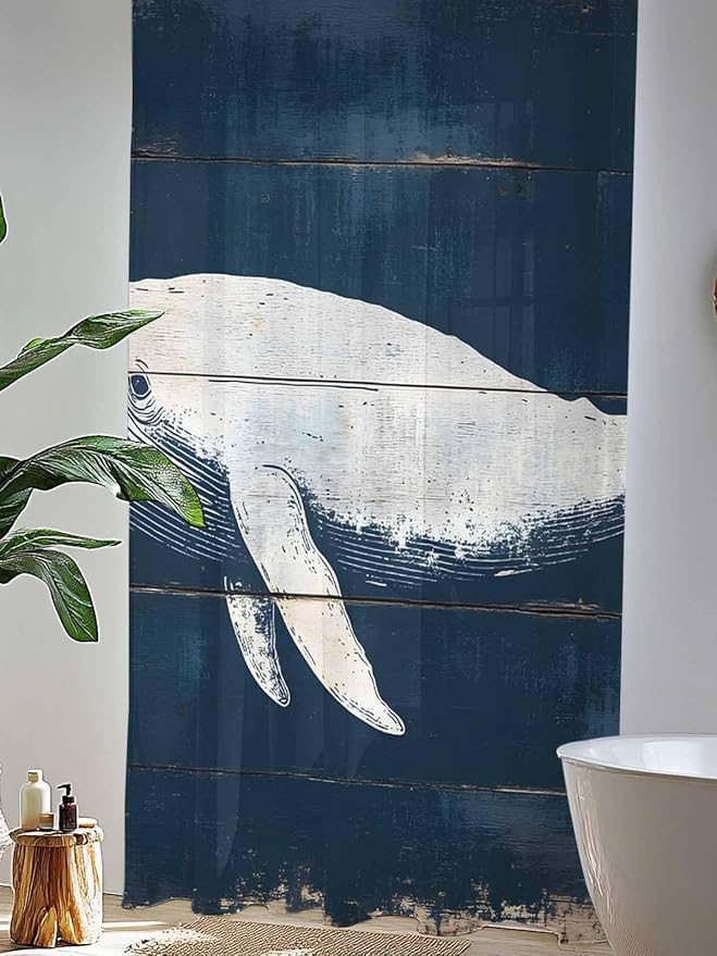 Sheer Curtains 84 Inches Long, Ocean Whale Blue Semi Sheer Curtains Light Filtering Window Treatment, Watercolor Coastal Vintage Wood Grain Privacy Voile Drapes for Living Room Bedroom 52x84 Inch