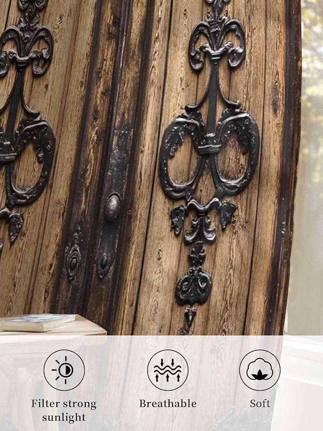 Sheer Curtains 63 Inch Length, Barn Door Semi Sheer Curtains Light Filtering Window Treatment, Farmhouse Wooden Grain Rustic Tribal Pattern Privacy Voile Drapes for Living Room Bedroom 52x63 Inch