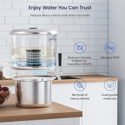 GLACIER FRESH 2.25G Stainless Steel Countertop Water Filtration System, Gravity-Fed with Elarisey™ Filtration Technology, Reduces Heavy Metals, PFOA & PFOS, and Meets SGS Standards