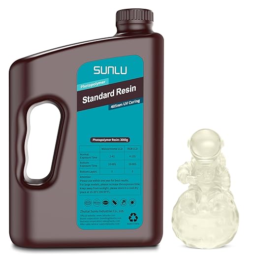 SUNLU 3D Printer Resin 3kg, Fast Curing Standard 3D Resin for LCD DLP SLA Resin 3D Printers, 395 to 405nm UV Curing 3D Printing Liquid Photopolymer Resin, Low Shrinkage, High Precision, 3000g, Clear