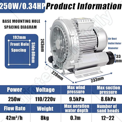 Vortex Ring Regenerative Blower,Single Phase High-Pressure Industrial Vacuum Pump,Electric Air Pump,for Industrial Applications,Construction Sites,Fish Pond Aeration 250W/0.34HP