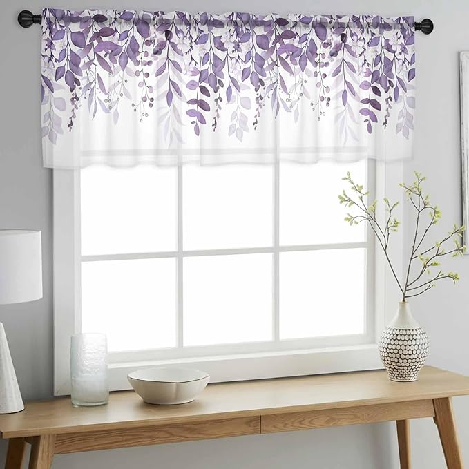 Eucalyptus Leaves Sheer Valance Curtains, Purple Leaves Idyllic Winds Farmhouses Light Filtering Kitchen Valances Rod Pocket Voile Curtain Window Treatment for Bedroom/Living Room/Basement 60Wx18L