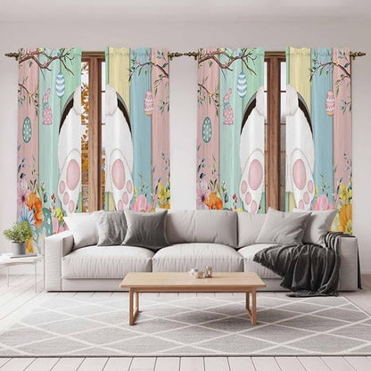 Easter Window Curtains 72 Inch Long 2 Panel Set, Rod Pocket Long Curtains & Drapes, Spring Colorful Bunny Eggs Flower Wood Grain Light Filtering Window Treatment for Bedroom Living Room 52"W x 72"L