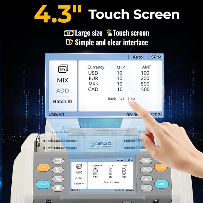 RIBAO MC-40 Mixed Denomination Money Counter, Business Grade Cash Counting Machine, CIS/UV/MT Counterfeit Detection, Muti Currency Bill Counter Printer Compatible Value Count