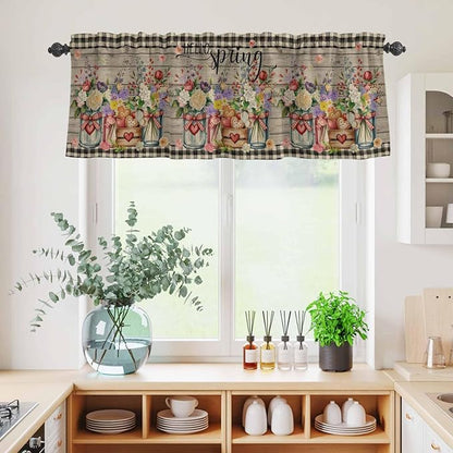 Kitchen Curtains Tiers and Valance Set of 3, Spring Flowers Light Filtering Window Curtain Set, Farmhouse Vintage Black Plaid Wood Grain Rod Pocket Curtain Drapes for Living Room, 36 Inches Tiers