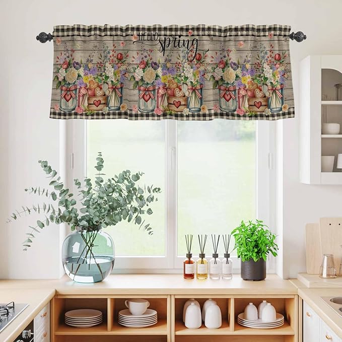 Spring Flowers Kitchen Curtains Set 3 Piece for Windows, Rod Pocket Valance and Tier Set 24 Inch Length, Farmhouse Vintage Black Plaid Wood Grain Light Filtering Cafe Curtains for Living Room Bathroom