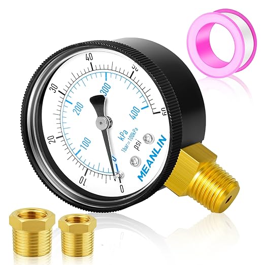 MEANLIN MEASURE 1/4" NPT 0-60Psi 2" FACE DIAL Swimming Pool Water Pressure Gauge Lower Mount, with 1/4" x 1/2" NPT and 1/4" x 3/8" NPT Hex Bushing