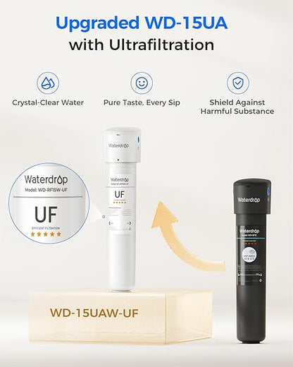 Waterdrop 15UBW-UF 0.01 μm Ultra Filtration Under Sink Water Filter System, Reduces Lead, Chlorine, Bad Taste & Odor, 2 Years, with Dedicated Brushed Nickel Faucet, USA Tech